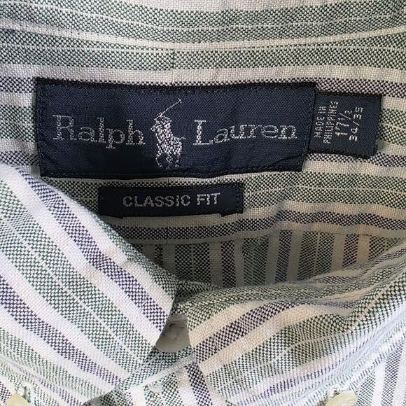 Ralph Lauren Men’s 17.5 34/35 Blue- Green Striped Classic Fit Long Sleeve Shirt - Picture 3 of 7